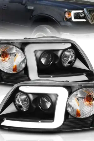ANZO 1997-2003 Ford F-150 Projector Headlights w/ Light Bar Black Housing Low Price