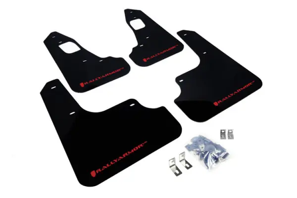 Rally Armor 08-17 Mitsubishi EVO X Black UR Mud Flap w/ Red Logo Special Offer