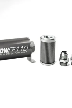 Reduced Price DeatschWerks Stainless Steel 10AN 100 Micron Universal Inline Fuel Filter Housing Kit (110mm)