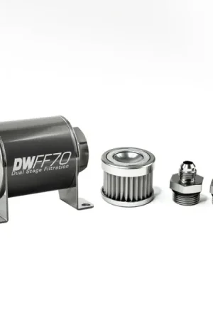 Holiday Sale DeatschWerks Stainless Steel 6AN 5 Micron Universal Inline Fuel Filter Housing Kit (70mm)