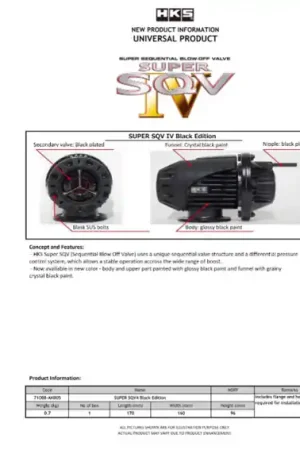 Final Sale HKS SUPER SQV4 BLACK EDITION UNIVERSAL ASSY