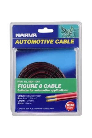 Narva 15A 4mm Twin Core Fig 8 Cable (10M) Red With Black Tracer 5824-10F8 In Demand