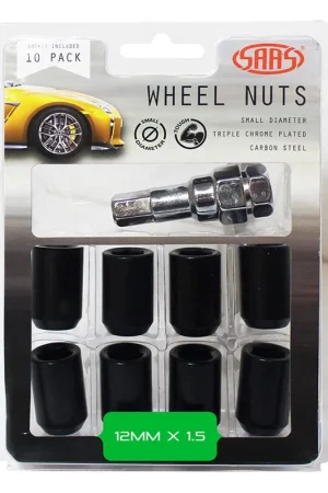 Big Sale SAAS Set of 10 Small Diameter Internal Hex Wheel Nuts with Key - 33mm Length, Black, M12x1.50 Thread, Taper Seat Type - 8330610BC