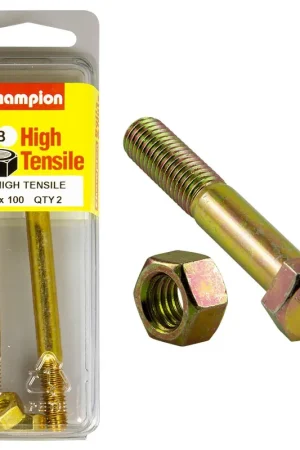 Get Yours Champion Pack of 2 (2x Zinc Plated Hex Bolts, 2x Nuts) M8 x 100mm High Tensile Grade 8.8 - BM69
